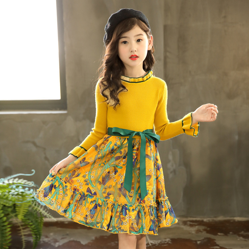 Hao Baby  Sweet Children Skirt Kid Girls Autumn Sweater Belt Dress