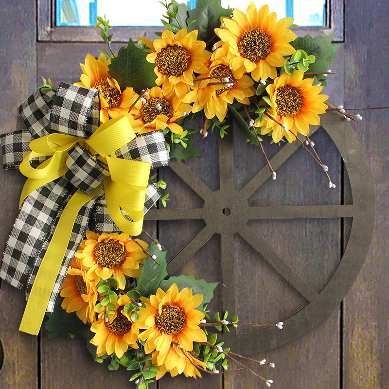 Christmas wreaths Sunflower bows wreaths hanging flowers Wooden wheels disk door hanging decorative mural