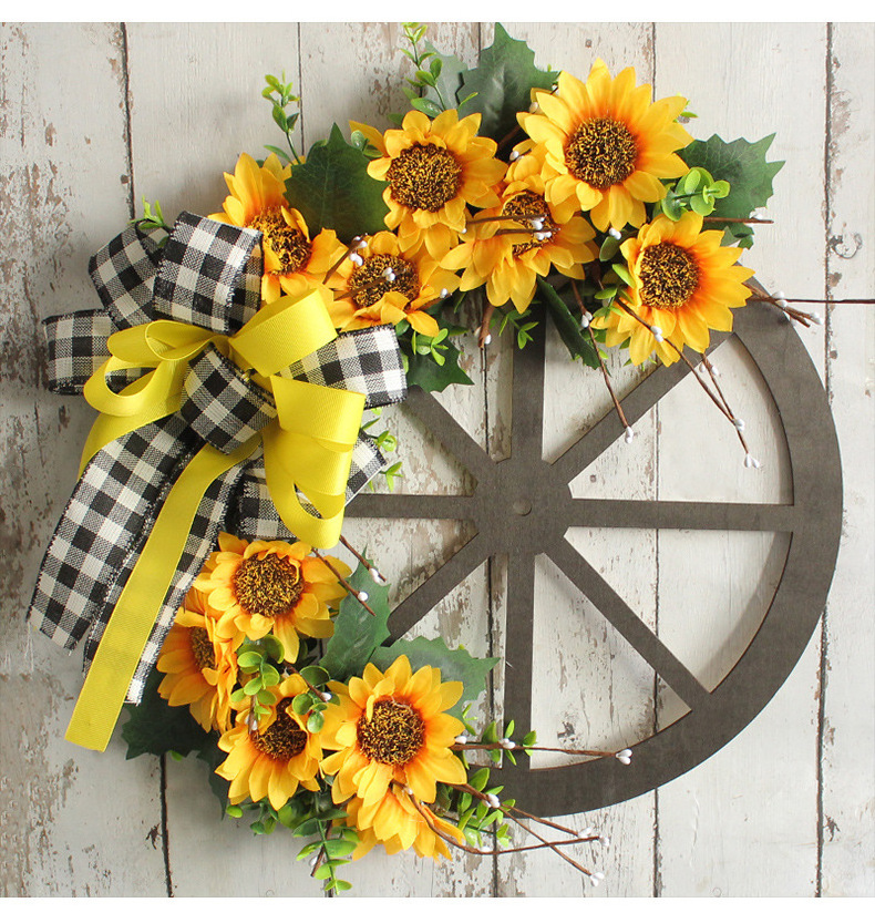 Christmas wreaths Sunflower bows wreaths hanging flowers Wooden wheels disk door hanging decorative mural