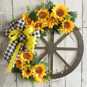 Christmas wreaths Sunflower bows wreaths hanging flowers Wooden wheels disk door hanging decorative mural