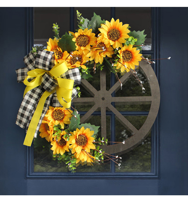 Christmas wreaths Sunflower bows wreaths hanging flowers Wooden wheels disk door hanging decorative mural