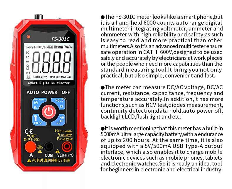 FS-301C Full Function Rechargeable Digital Multimeter 1000V 10A Over Range Protection Multimeter