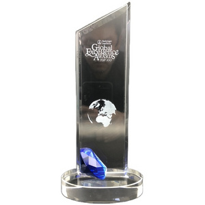 AT023 Elegant World Globe Engraved K9 Crystal Glass Blue Diamond Plaque Awards Trophies