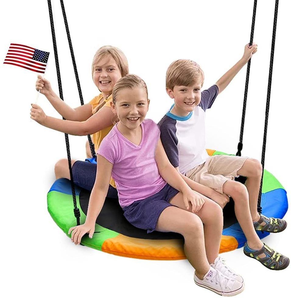 Outdoor Round 40 Inch Saucer Tree Swing Large Rope Swing with Children Swing Platform Bonus Carabiner for Hanging Rope Outdoor