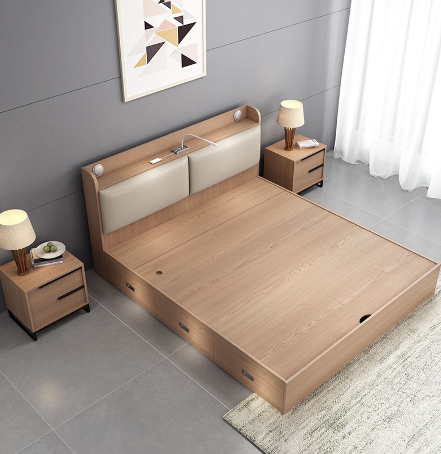 Modern King Size MDF Wooden Double bed with Storage Box drawer bedroom  furniture bedroom sets