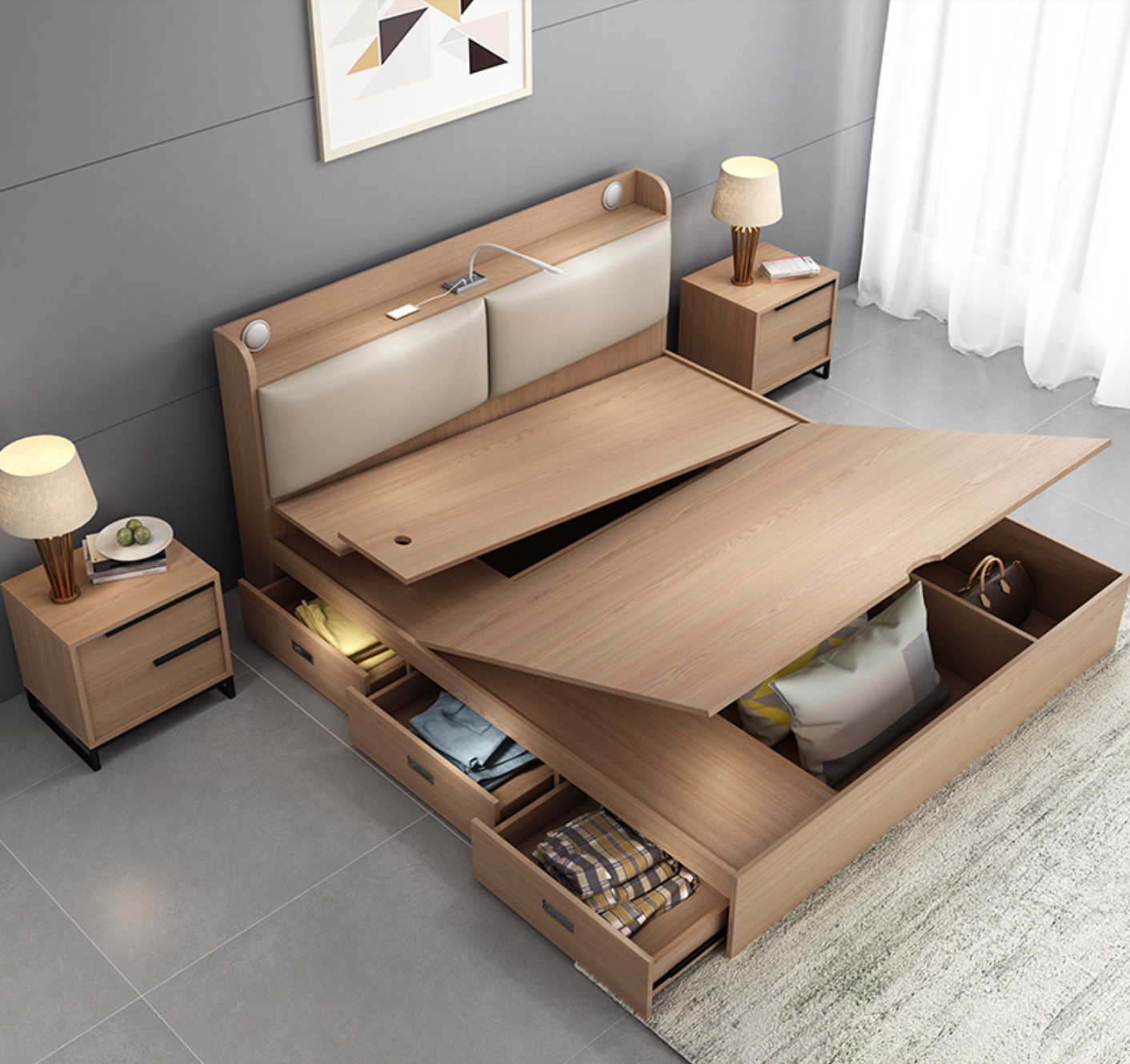 Modern King Size MDF Wooden Double bed with Storage Box drawer bedroom  furniture bedroom sets