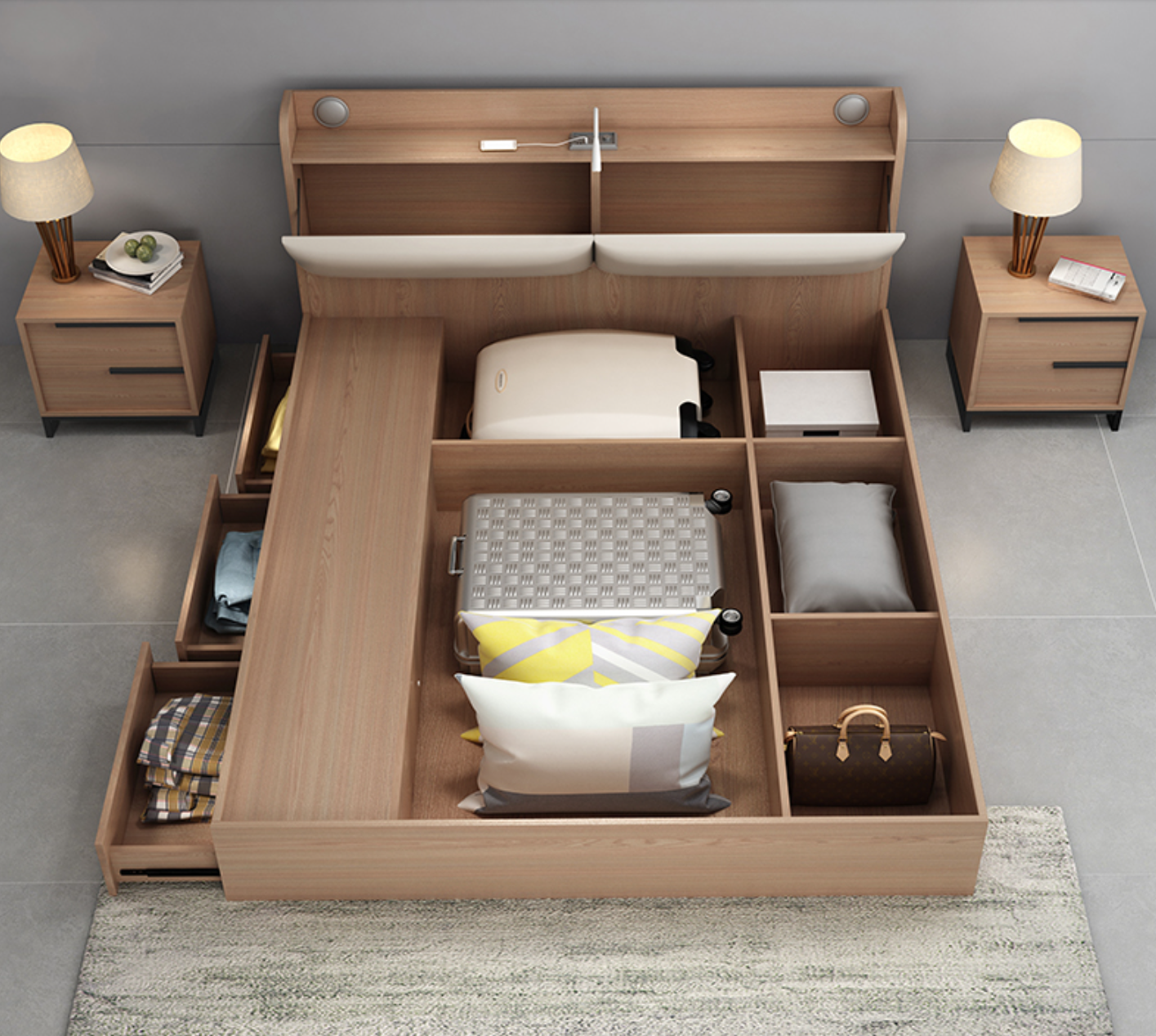 Modern King Size MDF Wooden Double bed with Storage Box drawer bedroom  furniture bedroom sets