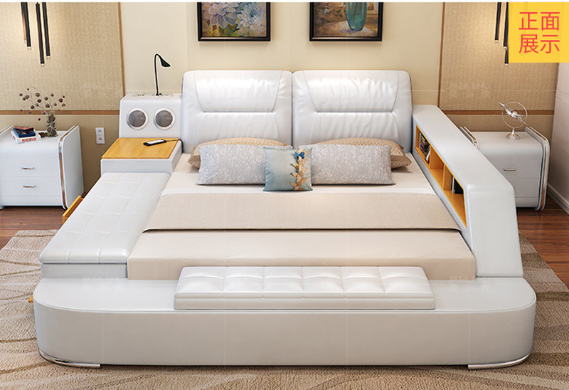 All in One Leather Double Bed Frame with Massage Speakers Storage Safe