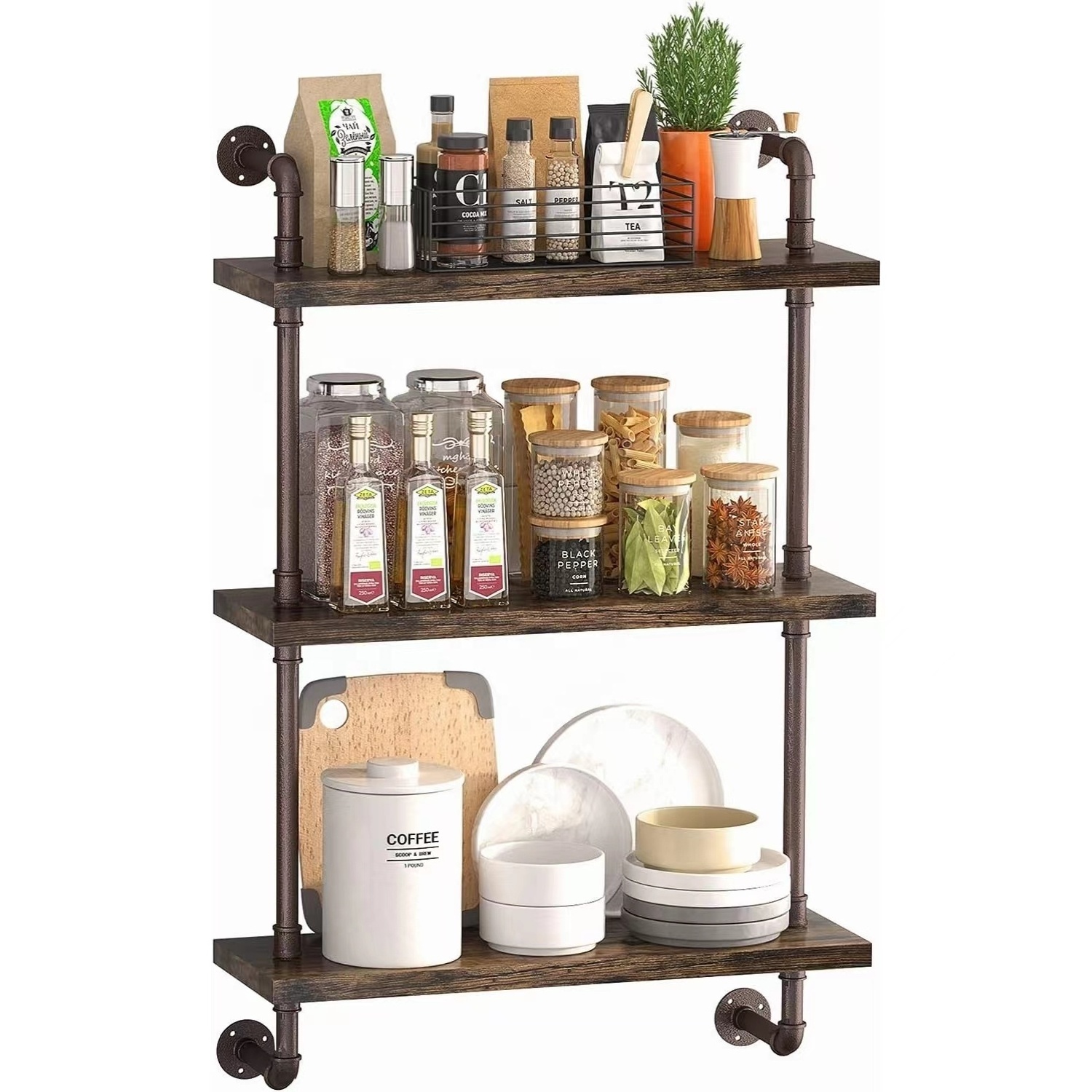 3-Tier Rustic Wall Mount Display Hanging Bookcase Pipe Floating Shelves Industrial Pipe Shelves