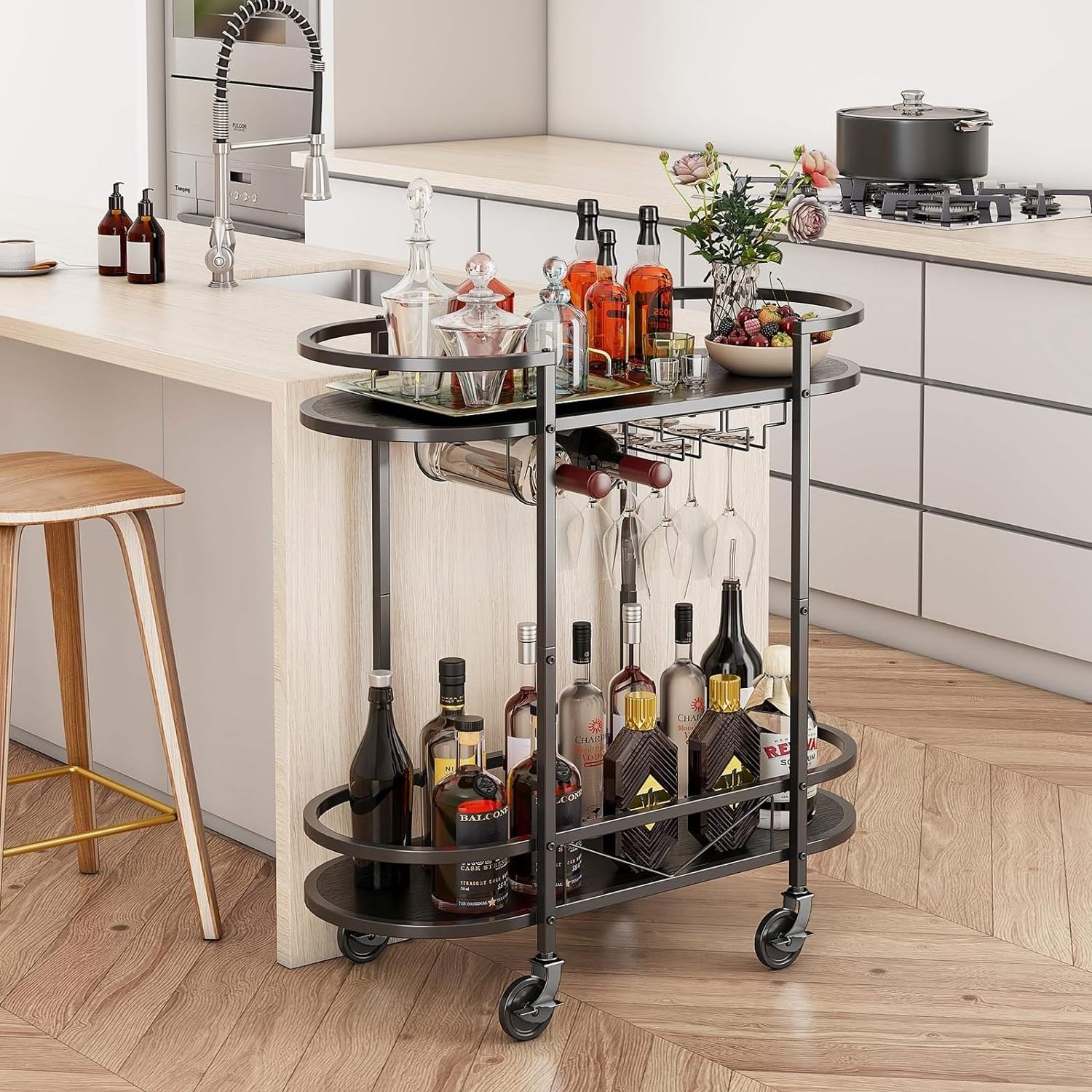 2 Tier Black Luxury Mobile Drink Beverage Cart for Home Wine Cart Antique Bar Cart Trolley with Wheels