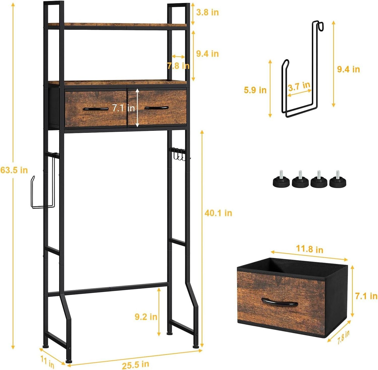 3 Tier Steel Bathroom Organizer Over The Toilet With Drawer and Toilet Paper Holder Over The Toilet Storage Rack Bathroom Shelf