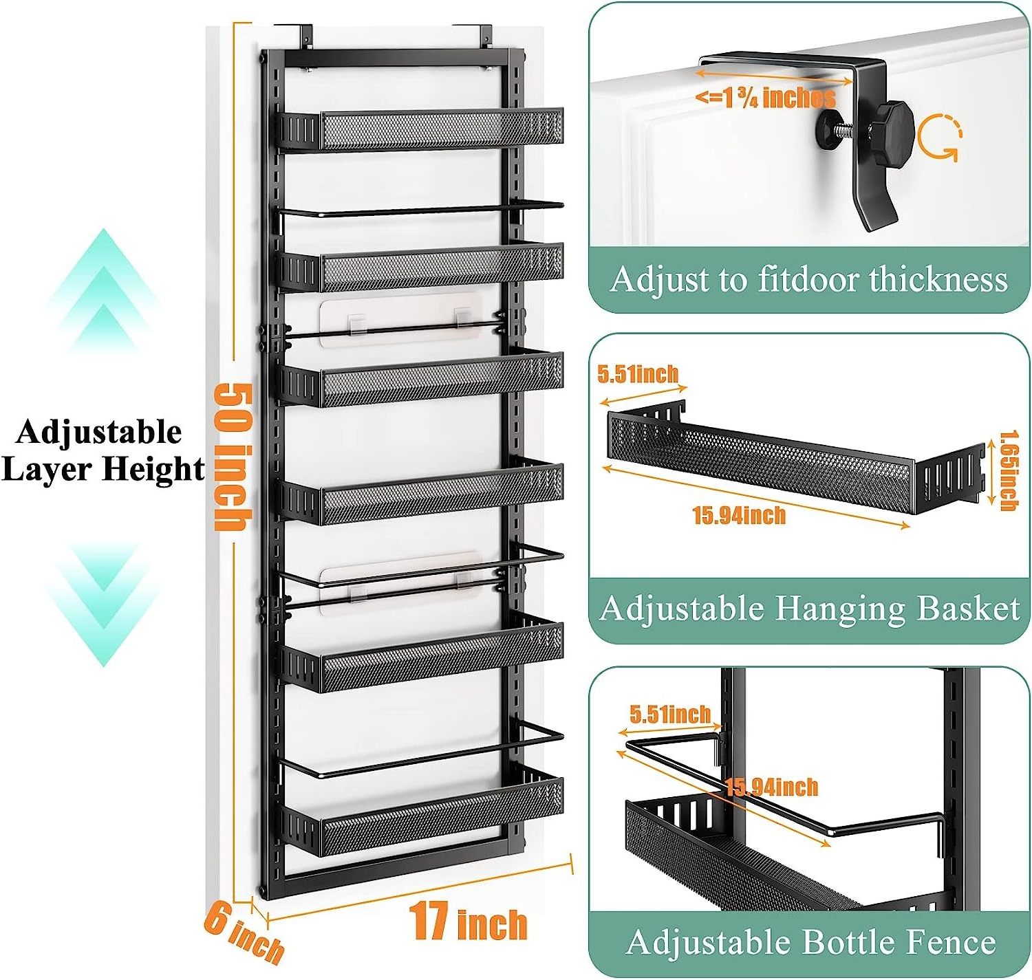 6-Tier Hanging Pantry Door Organizer Display Racks Wire Mesh Over The Door Pantry Organizer