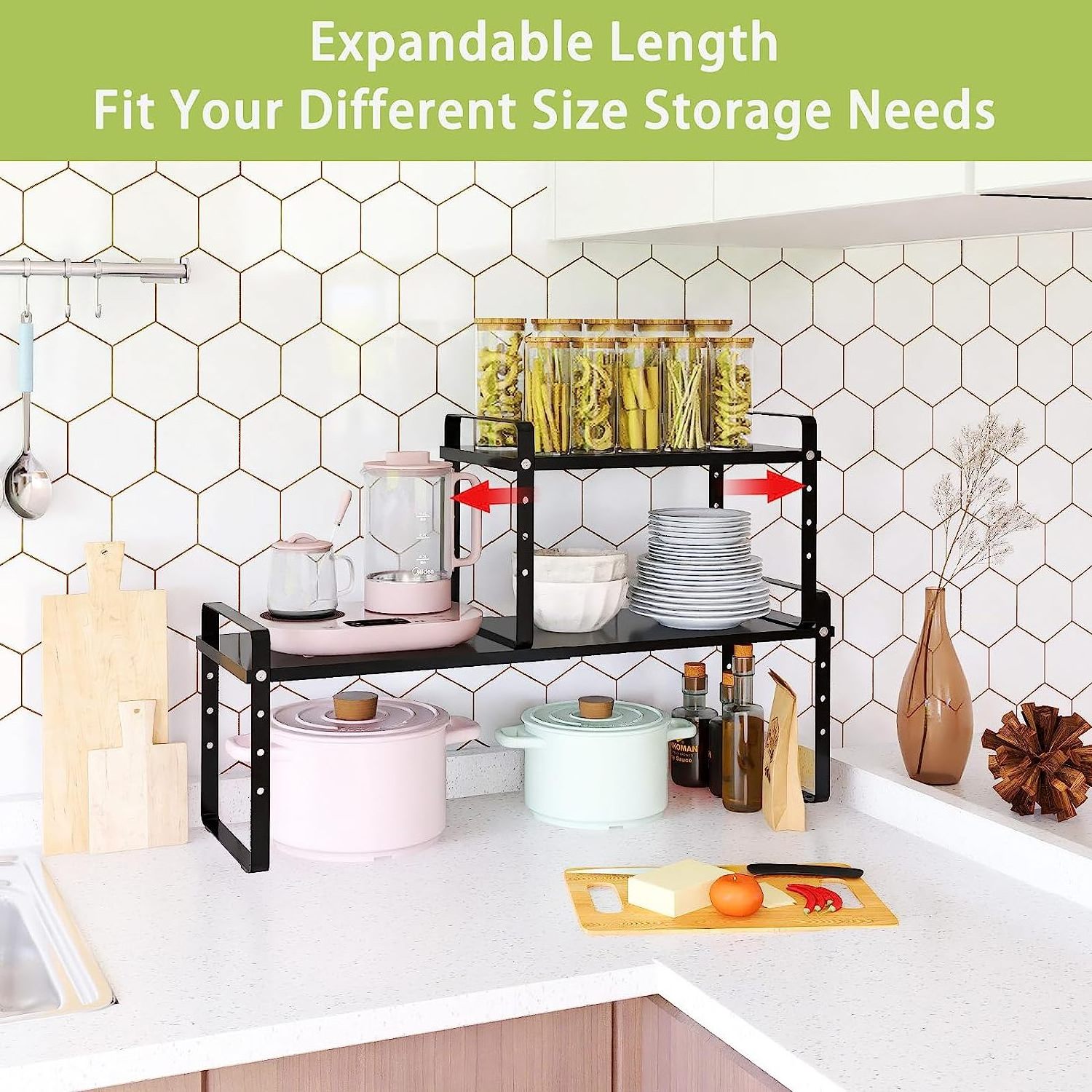 Pantry Shelf Organizer Rack Adjustable Height & Width Shelf Riser Expandable Kitchen Cabinet Shelf Organizer