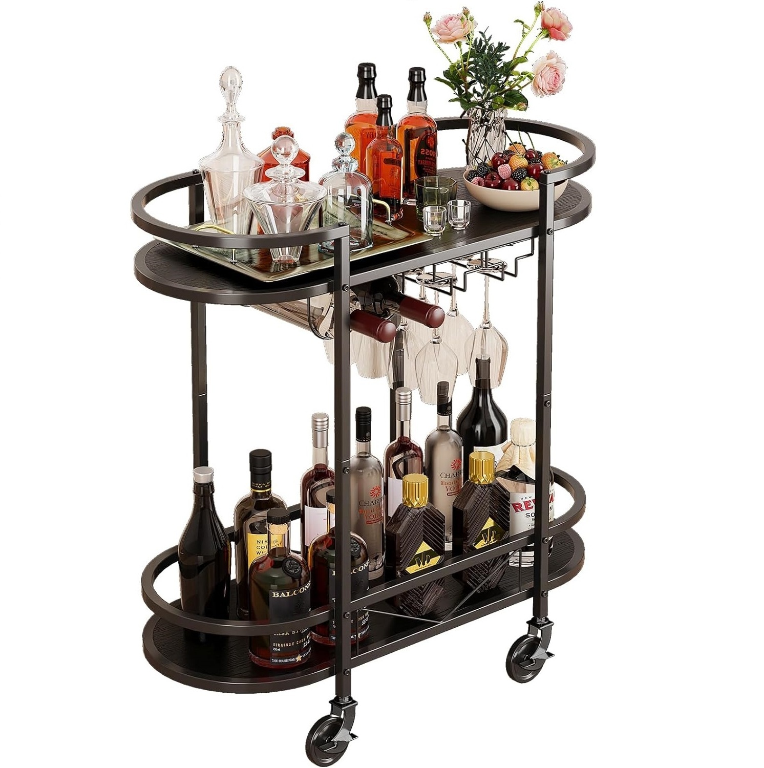 2 Tier Black Luxury Mobile Drink Beverage Cart for Home Wine Cart Antique Bar Cart Trolley with Wheels