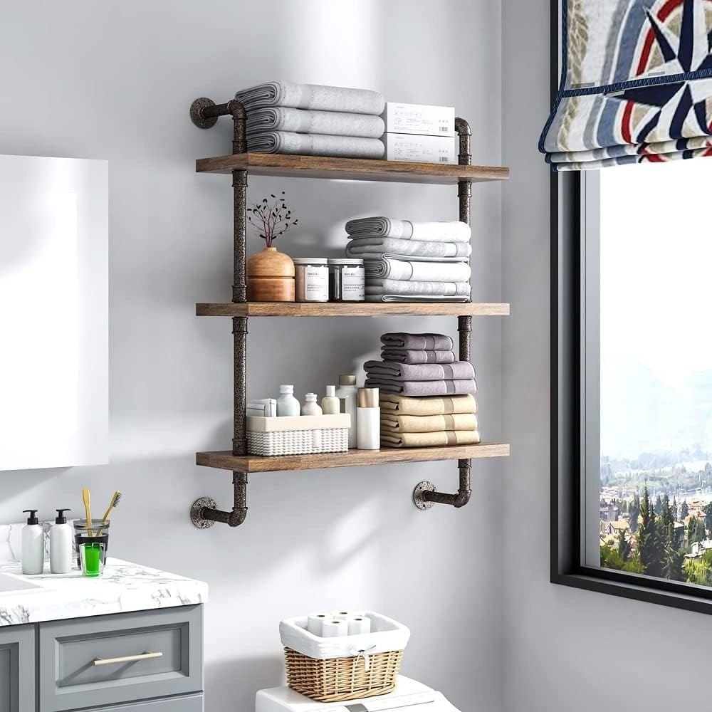 3-Tier Rustic Wall Mount Display Hanging Bookcase Pipe Floating Shelves Industrial Pipe Shelves