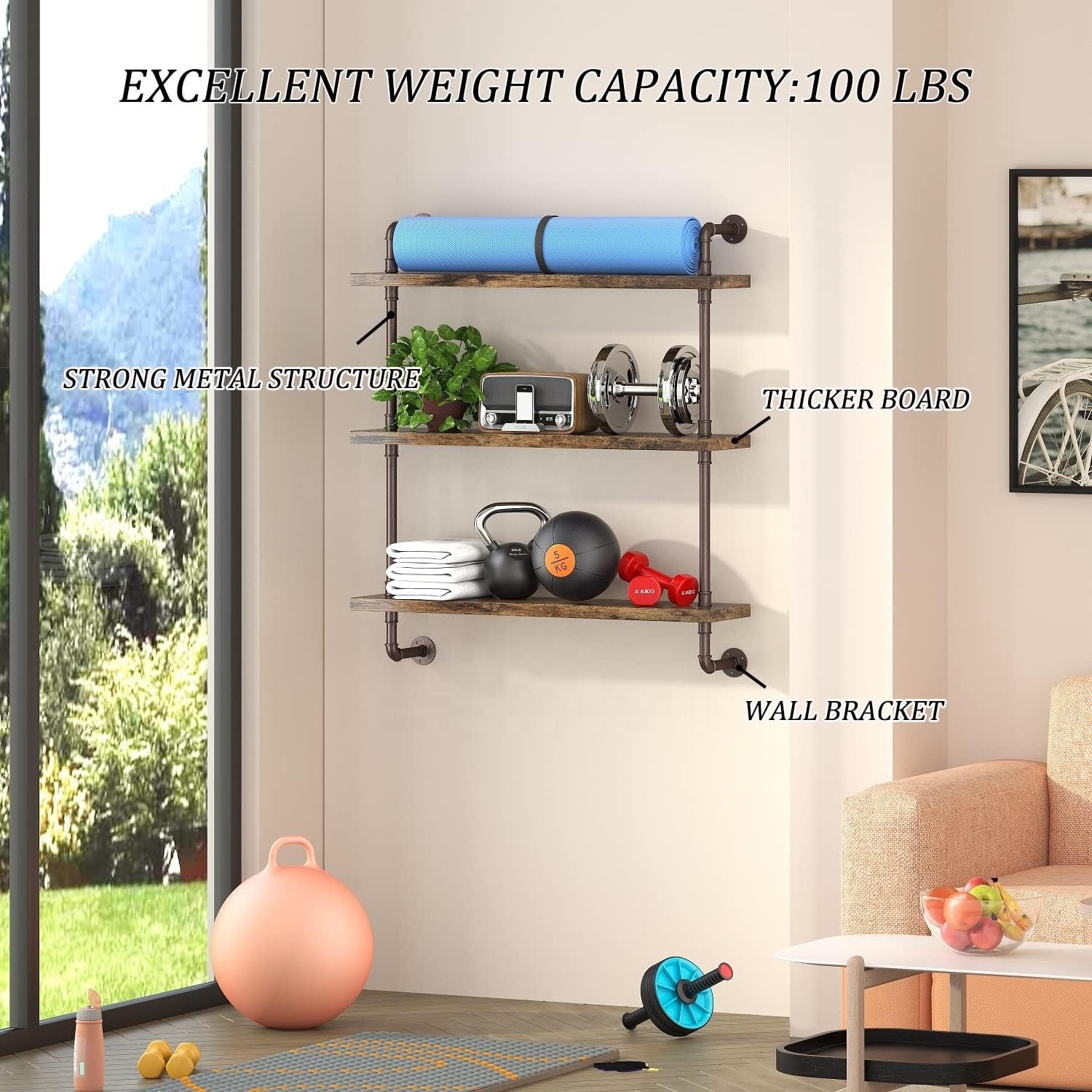 3-Tier Rustic Wall Mount Display Hanging Bookcase Pipe Floating Shelves Industrial Pipe Shelves