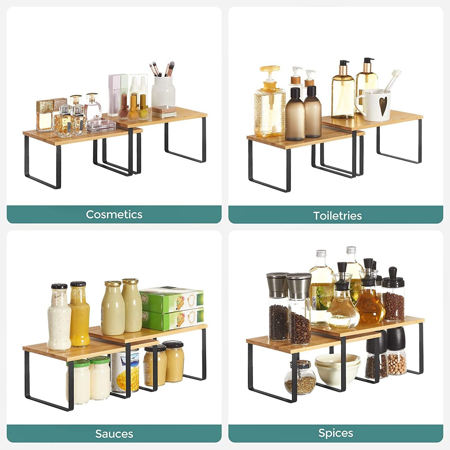 Holder Storage Kitchen Counter Tool Set Rack Stand Shelves Metal And Bamboo Double Layer Cabinet Shelf Organizer