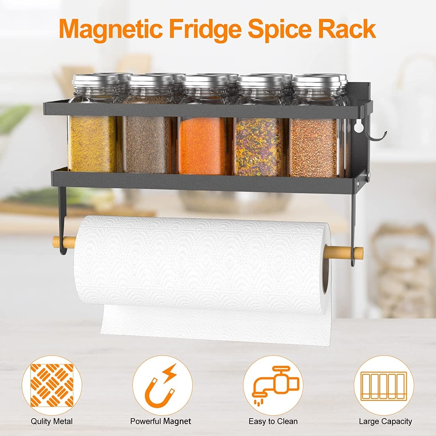 Foldable Hanging Spice Storage Stand With Paper Towel Holder Roll Moveable Fridge Magnetic Spice Rack Organizer for Refrigerator