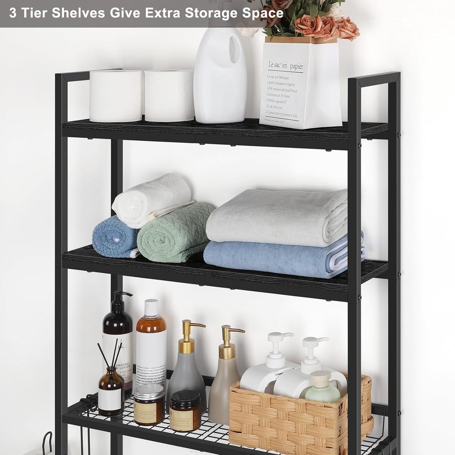 3 Tier Metal Bathroom Storage Over The Toilet With Hooks And Toilet Paper Holder Over The Toilet Storage Rack Bathroom Shelf