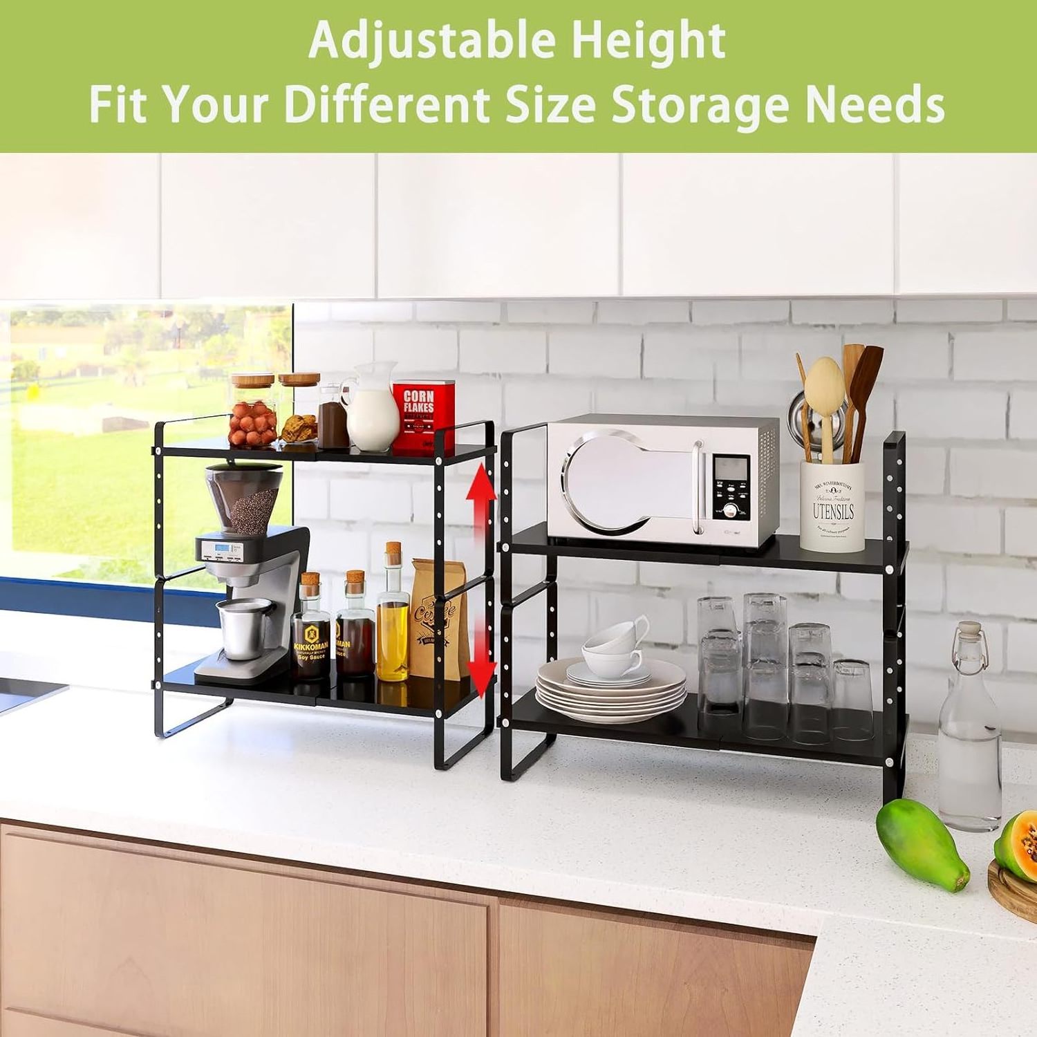 Pantry Shelf Organizer Rack Adjustable Height & Width Shelf Riser Expandable Kitchen Cabinet Shelf Organizer