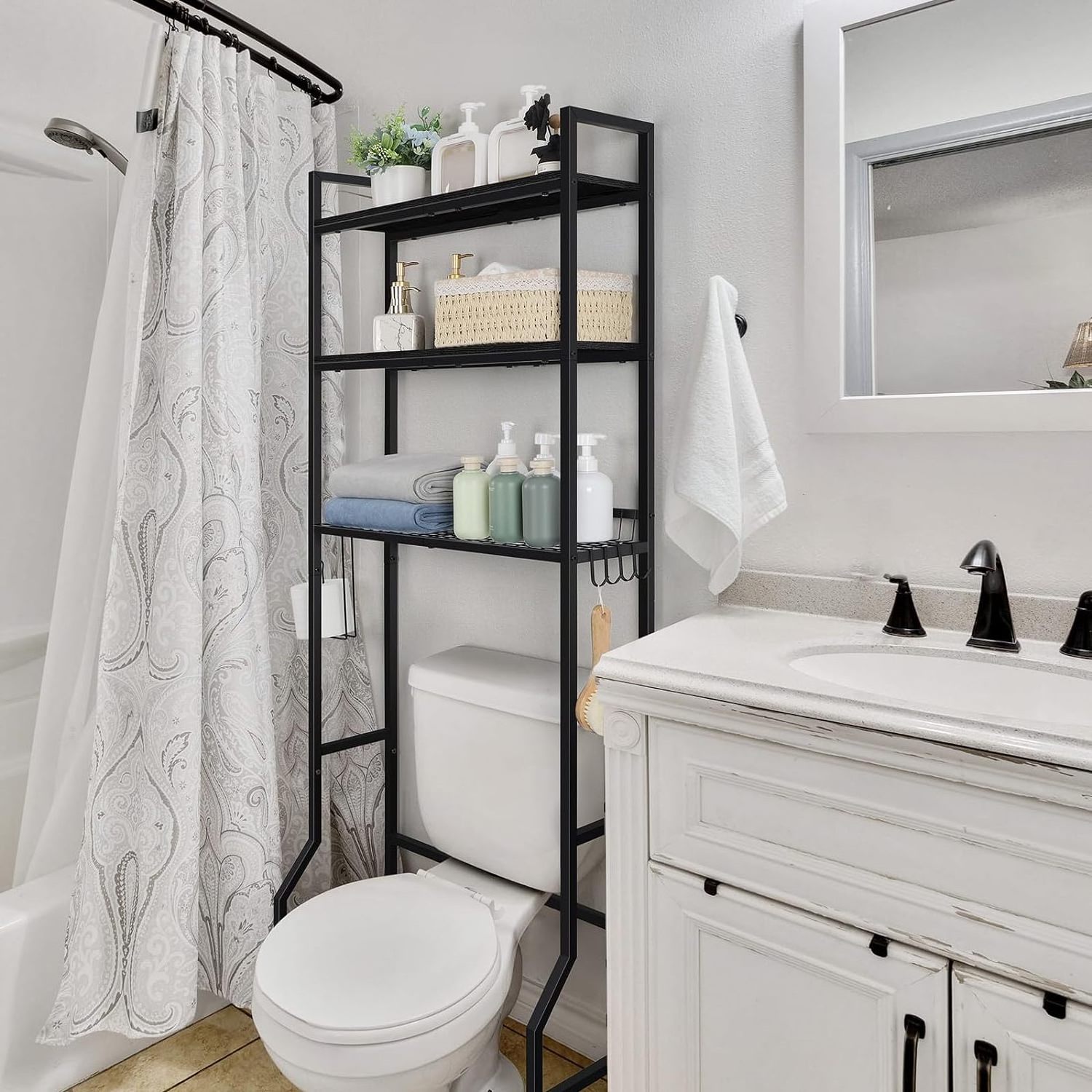 3 Tier Metal Bathroom Storage Over The Toilet With Hooks And Toilet Paper Holder Over The Toilet Storage Rack Bathroom Shelf