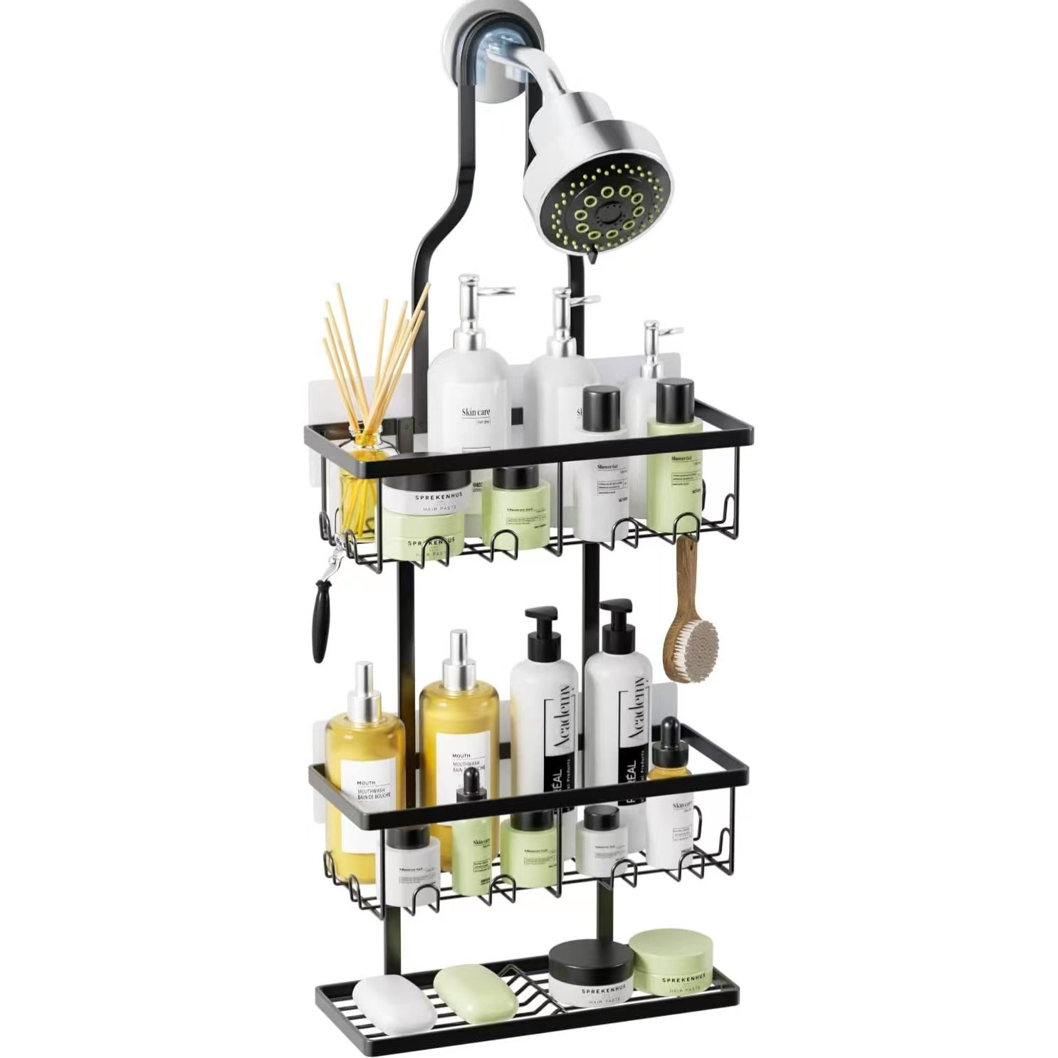 Wall Mounted Metal Bathroom Organizer Shower Shelf with Hooks and Adhesives Storage Caddy Rack for Shower Holders & Racks