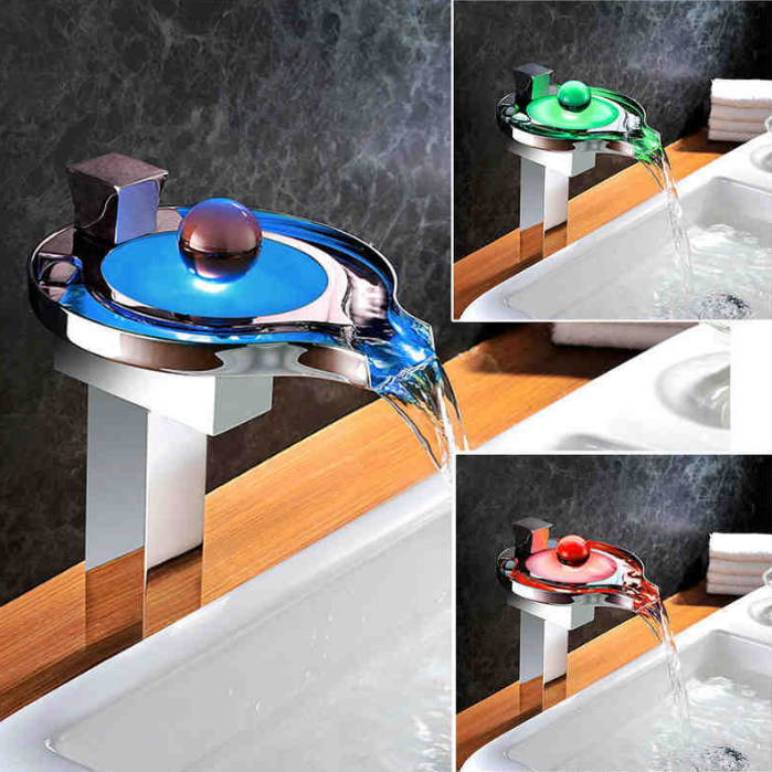 Modern waterfall bathroom single handle faucet temperature 3 color changing light emitting diode waterfall sink faucet