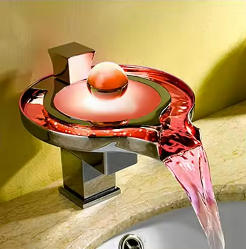 Modern waterfall bathroom single handle faucet temperature 3 color changing light emitting diode waterfall sink faucet