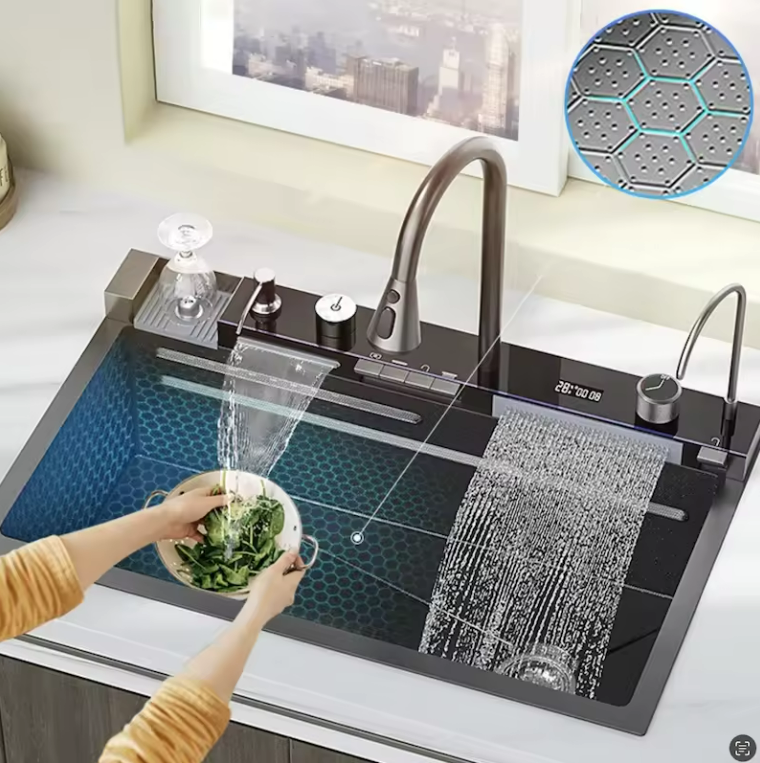 Multifunctional sink honeycomb nano 304 stainless steel light emitting diode digital display waterfall kitchen sinks