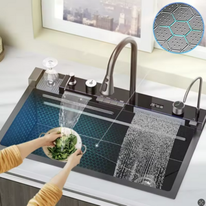 Multifunctional sink honeycomb nano 304 stainless steel light emitting diode digital display waterfall kitchen sinks