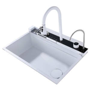 Hot sale white one piece 2 waterfall faucet multifunction stainless steel single bowl farmhouse kitchen sink