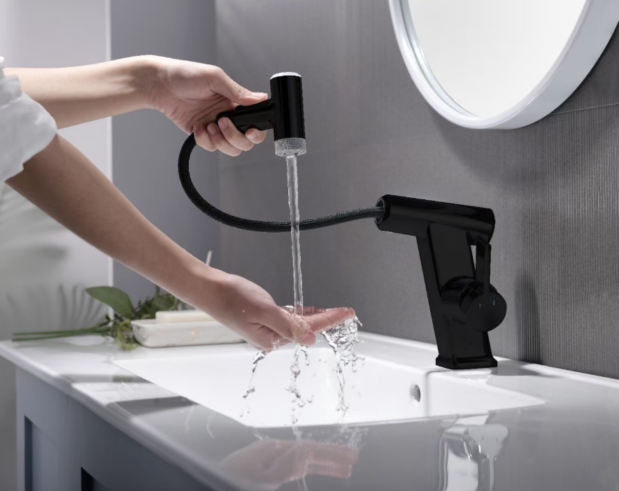 LED Sprayer Bathroom Faucet Single Handle Pull Down Sprayer Spring Bathroom Faucet