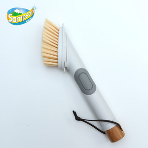 Bamboo dish washing brush with soap dispenser Kitchen with TPR Handle Cleaner Spray for Pan and pot cleaning