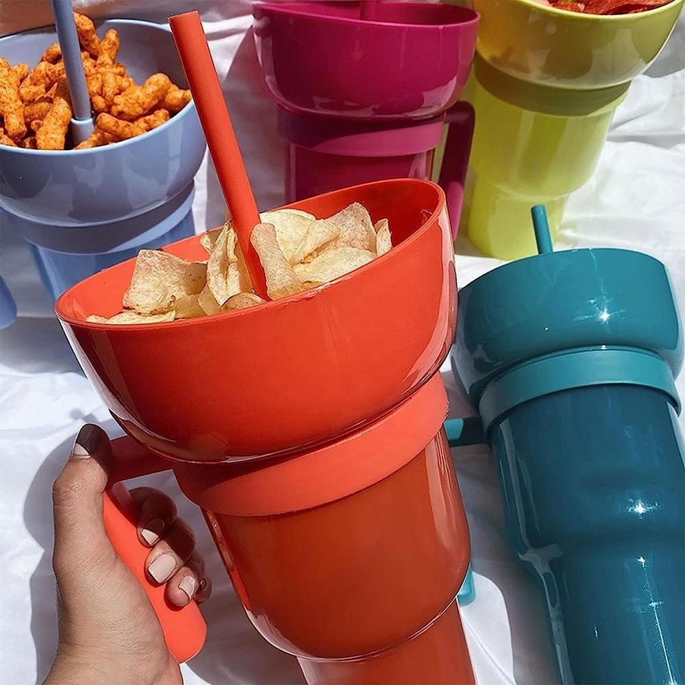 New 32oz Stadium Tumbler Plastic Snack And Drink Cup Popcorn Chips Cola Mug With Handle Snack Tray Bowl Straw