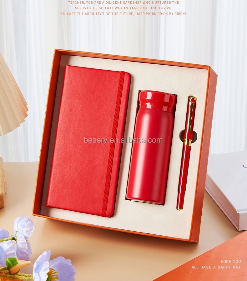 Promotional business gift Notebook with pen steel water bottles with Logo items Gift box man School office for fathers day gifts