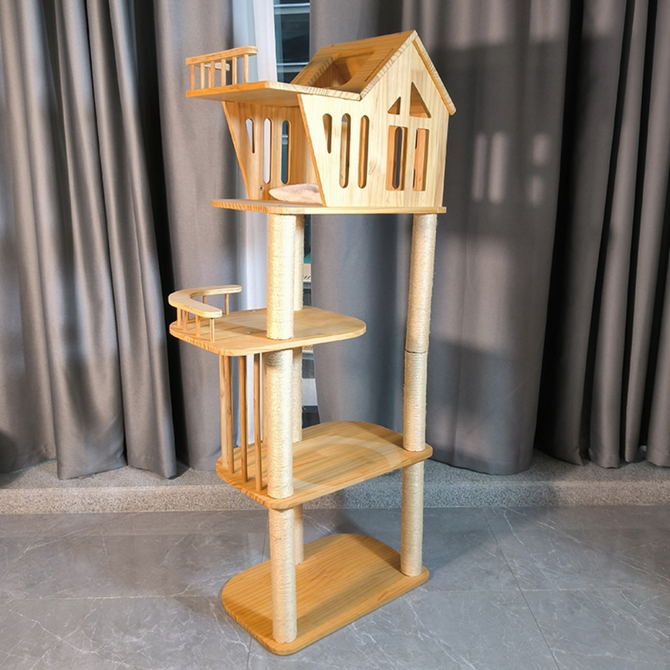 Large Outdoor Eco-Friendly Wooden Cat Tree with Sisal-Covered Scratching Post for Cats