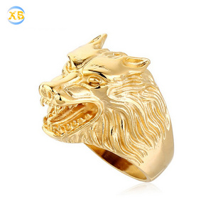 Hot Selling Man Gold Stainless Steel Black Wolf Head Ring Jewelry