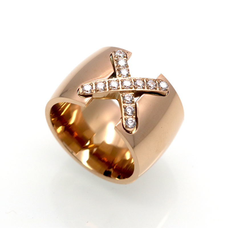 18K Gold Ring 14mm Wide Big Pave Setting CZ Cross X Ring For Women Trendy Crystal Stainless Steel Jewelry Wholesale Gift