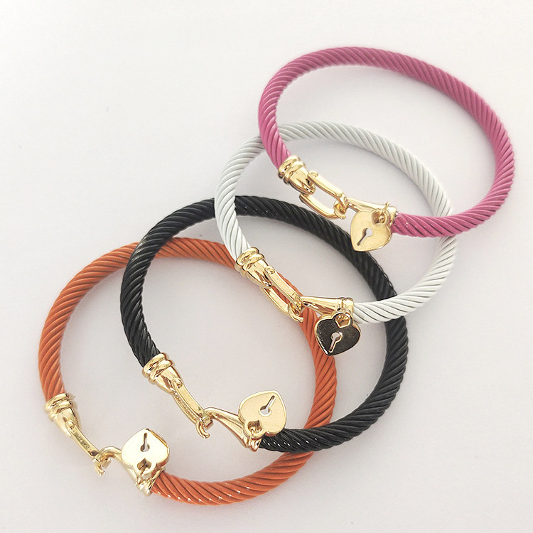 Fashion Love Heart Charm Mulity Color Pink Cable Wired Twisted Colorful Stainless Steel Bracelets Bangles For Women Jewelry