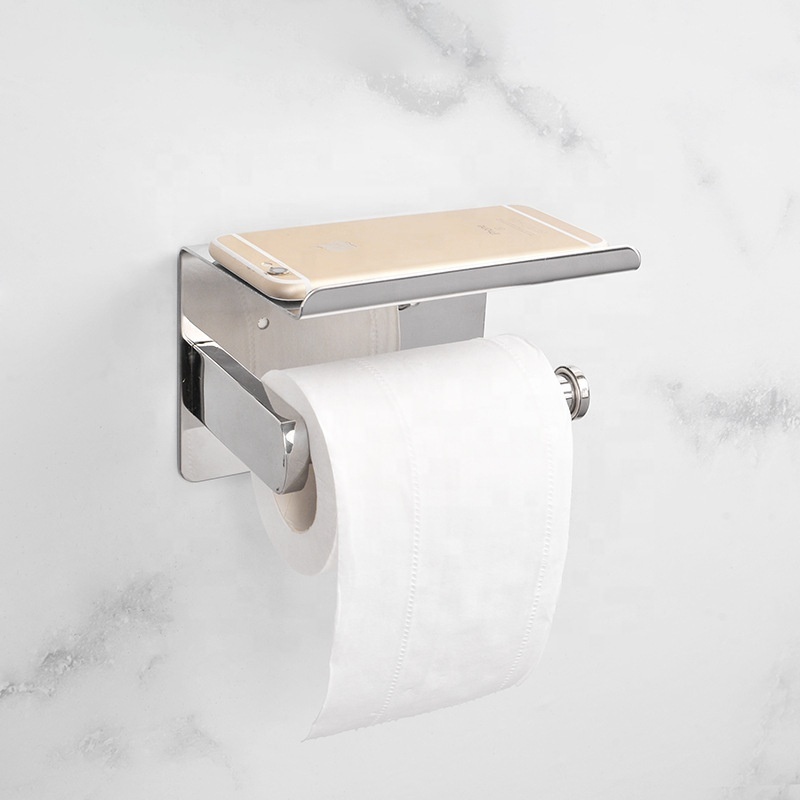 SUS304 Stainless Steel Toilet Paper Holder with Mobile Phone Shelf Bathroom Storage Organizer