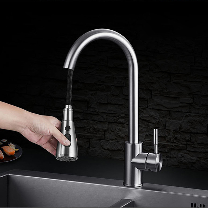 SUS304 stainless steel kitchen faucet pulling type cold and hot BRUSH water channel vegetable basin faucet with multi-function