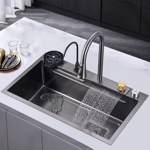 Luxury fregadero Kitchenware Polished Thickened Stainless Steel 304 Price Single Bowl Kitchen Sink With Waterfall Faucet