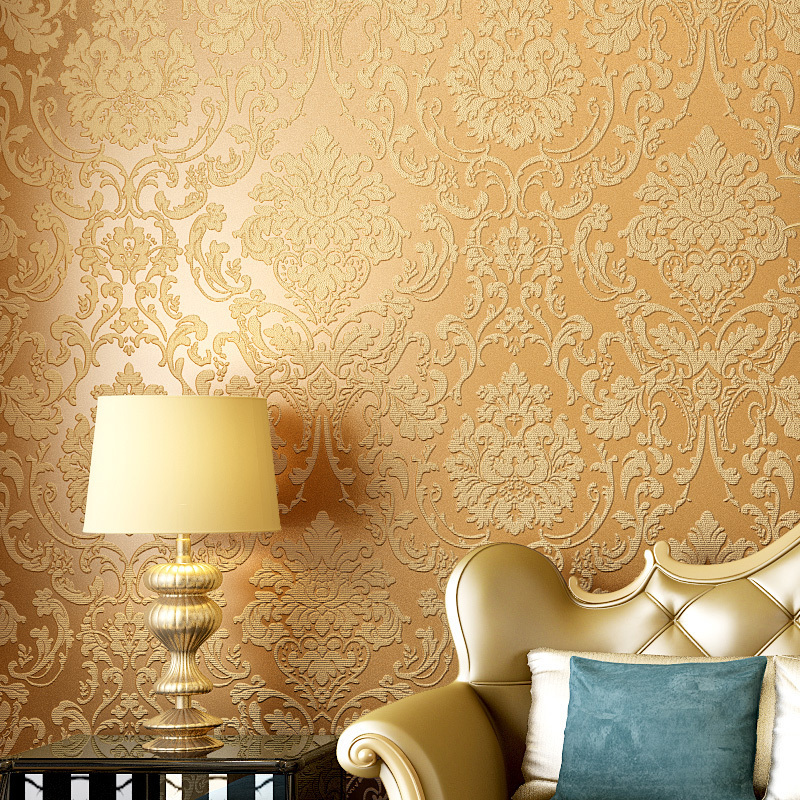 Luxury gold 3D European Damascus wallpaper bedroom living room TV background restaurant hotel beige Blue green wallpaper