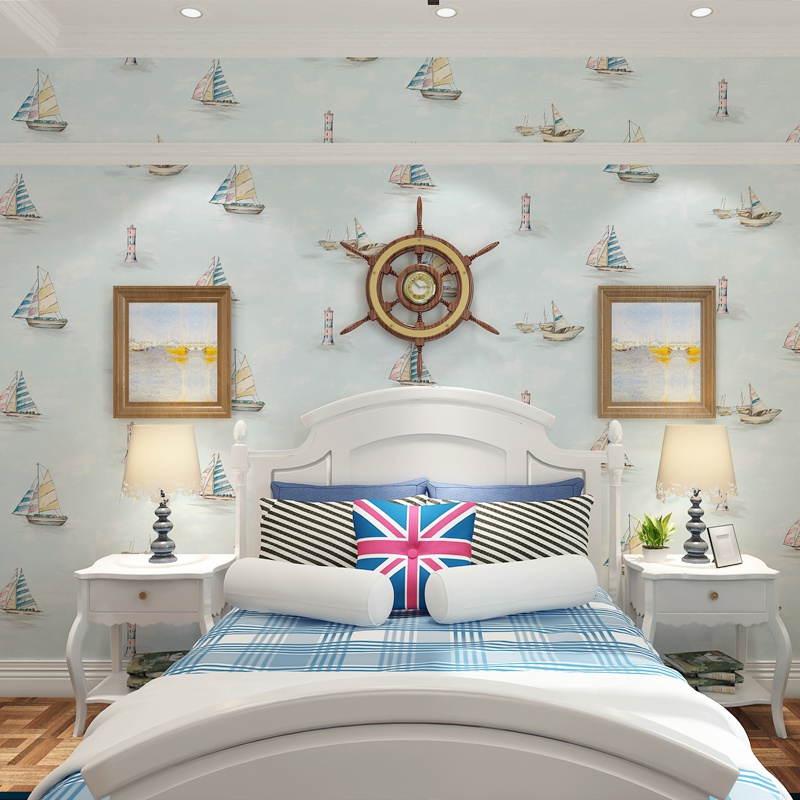 Dark blue 3d sailing cartoon children's room bedroom wallpaper Mediterranean vertical stripe relief Hotel theme room wallpaper