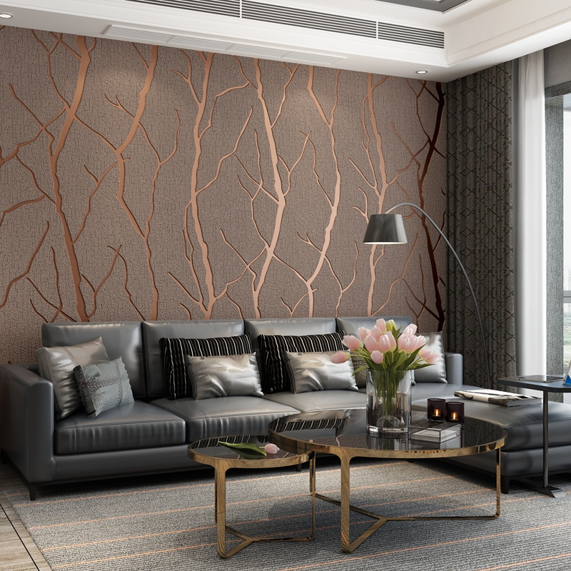 Deep coffee 3D branch pattern deerskin wallpaper bedroom living room dining room hotel modern simple luxury thickened wallpaper