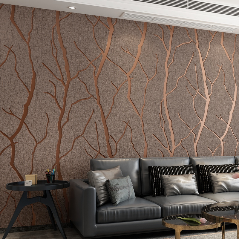 Deep coffee 3D branch pattern deerskin wallpaper bedroom living room dining room hotel modern simple luxury thickened wallpaper