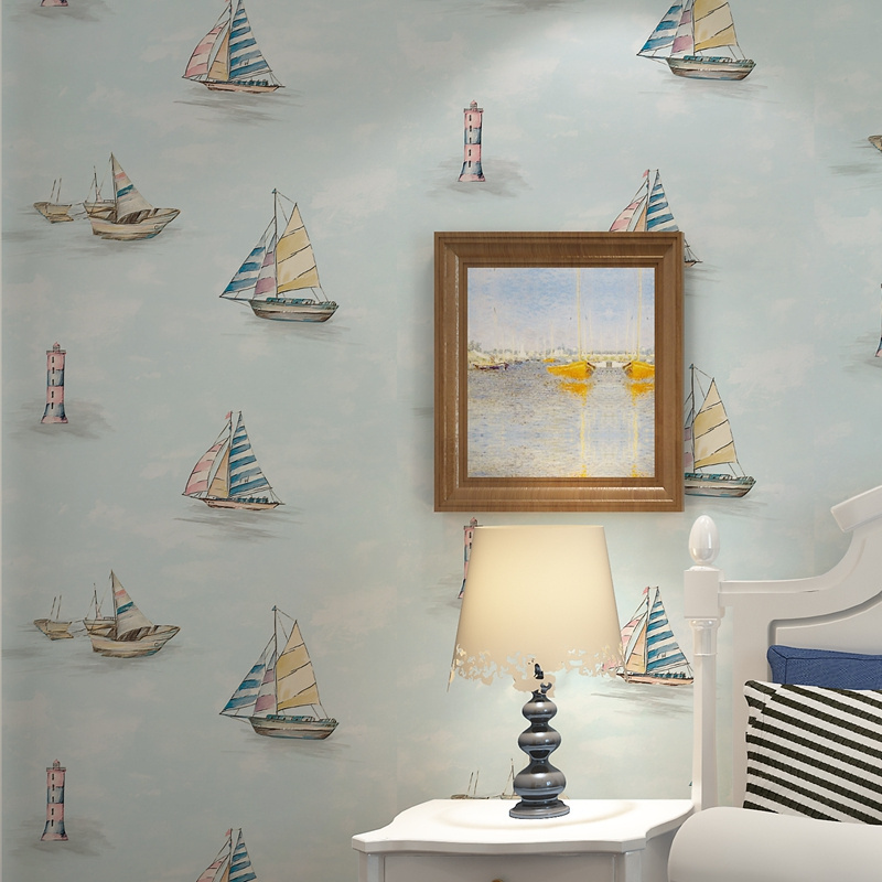 Dark blue 3d sailing cartoon children's room bedroom wallpaper Mediterranean vertical stripe relief Hotel theme room wallpaper