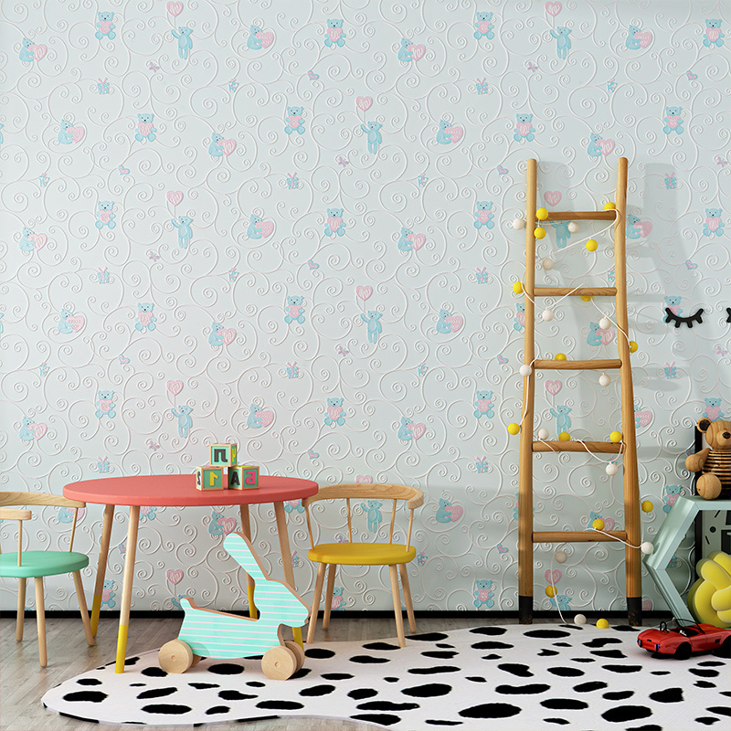 Mediterranean cartoon teddy bear children's room wallpaper bedroom study background wall decoration relief wallpaper