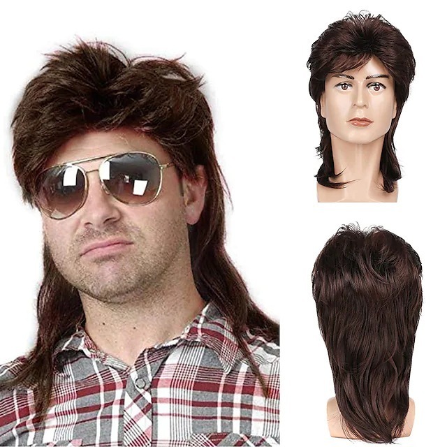 Wholesale Men's 80S Fancy Dress Party Mullet Rocker Style Wig Heat-Resistant Fiber Synthetic Long Straight Black Cosplay Wigs