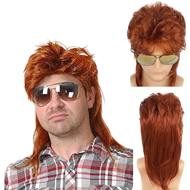 Wholesale Men's 80S Fancy Dress Party Mullet Rocker Style Wig Heat-Resistant Fiber Synthetic Long Straight Black Cosplay Wigs